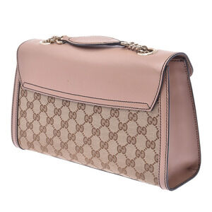 Gucci Leather Shoulder Bag Emily Beige GG Canvas Chain